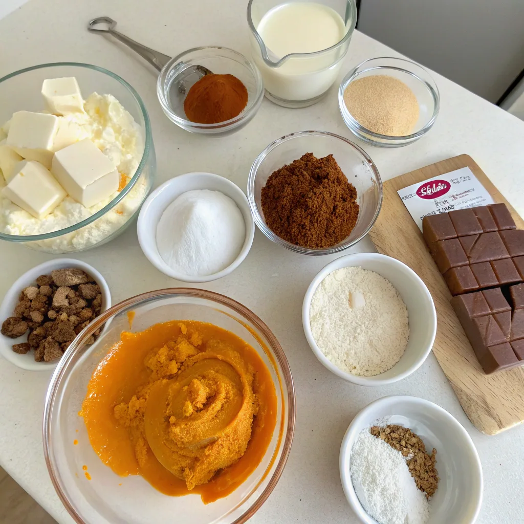Pumpkin Cheesecake Swirl Bars: The Best Fall Dessert for Easy, Creamy Swirls 7 Ingredients for Pumpkin Cheesecake Swirl Bars laid out