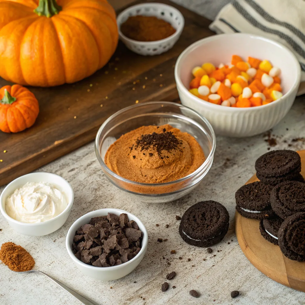 Pumpkin Patch Dirt Cups – The Best Fall Treat Kids and Adults Will Love 6 pumpkin dirt cup ingredients on kitchen table