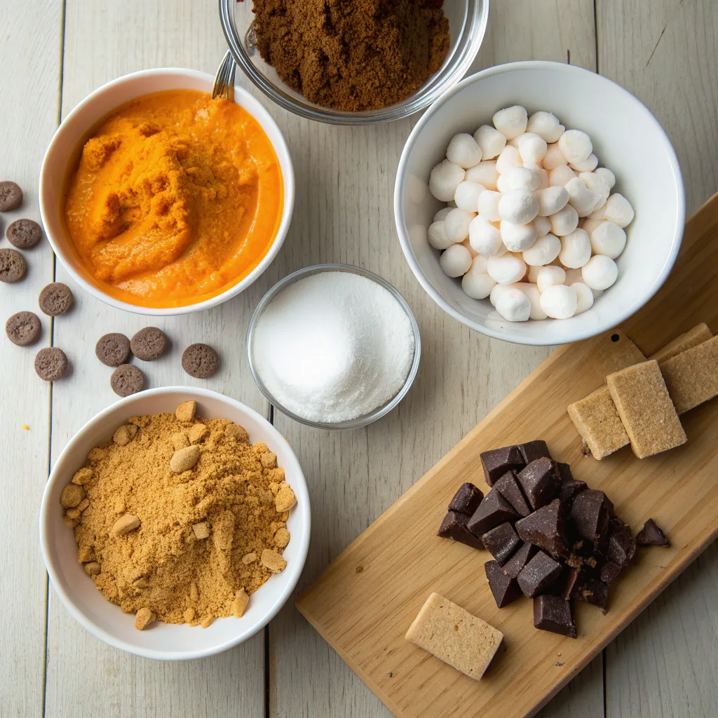 Pumpkin S'mores Cookies – The Perfect Cozy Fall Treat with a Gooey Twist 6 Pumpkin S’mores Cookie ingredients including pumpkin puree and chocolate