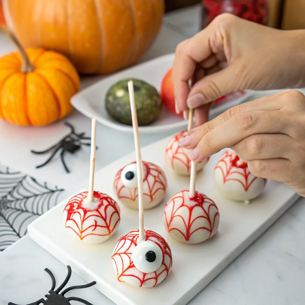 Monster Eyeball Cake Pops: The Ultimate Spooky Treat for Your Halloween Party 7 Decorating Monster Eyeball Cake Pops with red icing veins