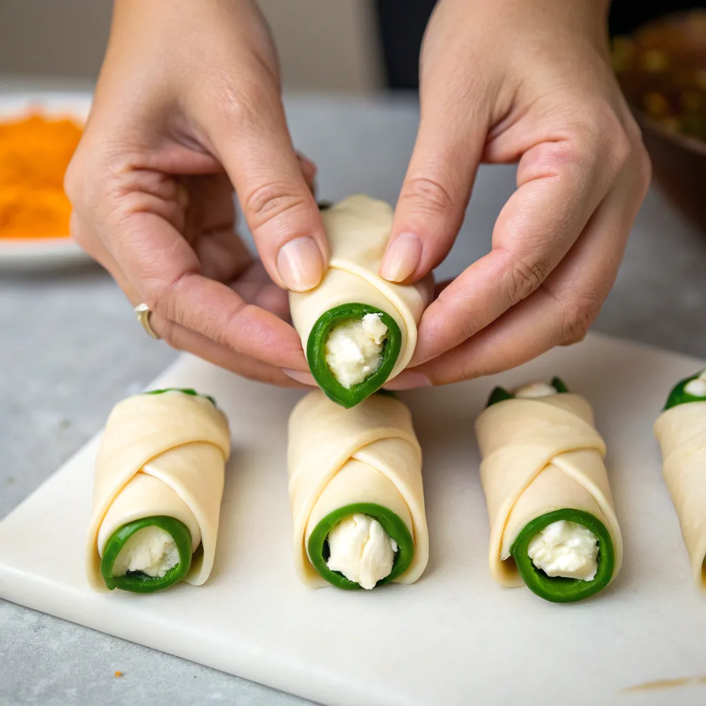 Mummy Jalapeño Poppers: The Best Spooky Snack for Your Halloween Table 6 Wrapping jalapeños with dough for Halloween poppers