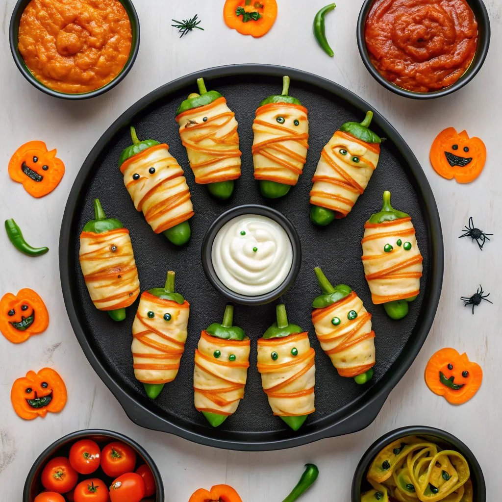 Mummy Jalapeño Poppers: The Best Spooky Snack for Your Halloween Table 7 Mummy Jalapeño Poppers on platter with dips for Halloween party
