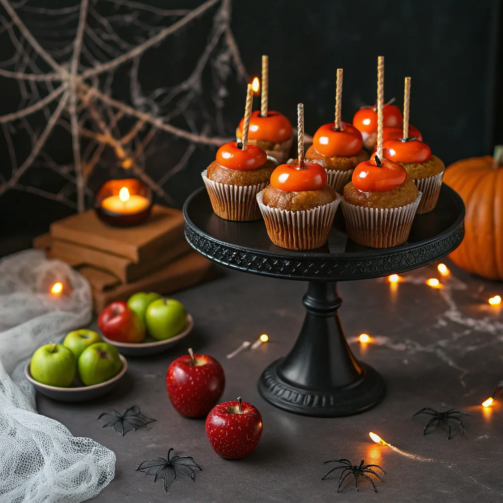 Poison Apple Cupcakes – The Ultimate Sinister Treat for Your Halloween Table 9 Halloween dessert table with Poison Apple Cupcakes and spooky decorations