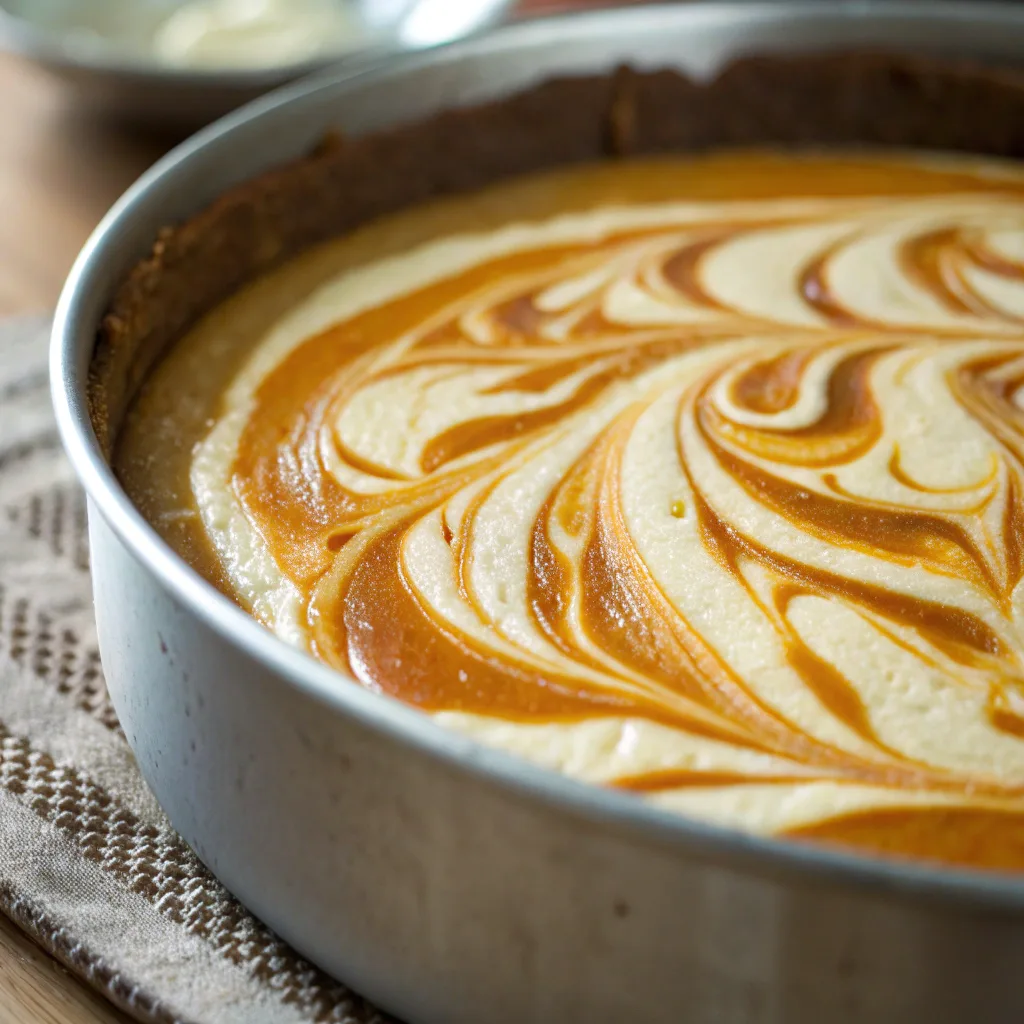 Pumpkin Cheesecake Swirl Bars: The Best Fall Dessert for Easy, Creamy Swirls 8 A step-by-step close-up of swirling the pumpkin and cheesecake batters before baking.