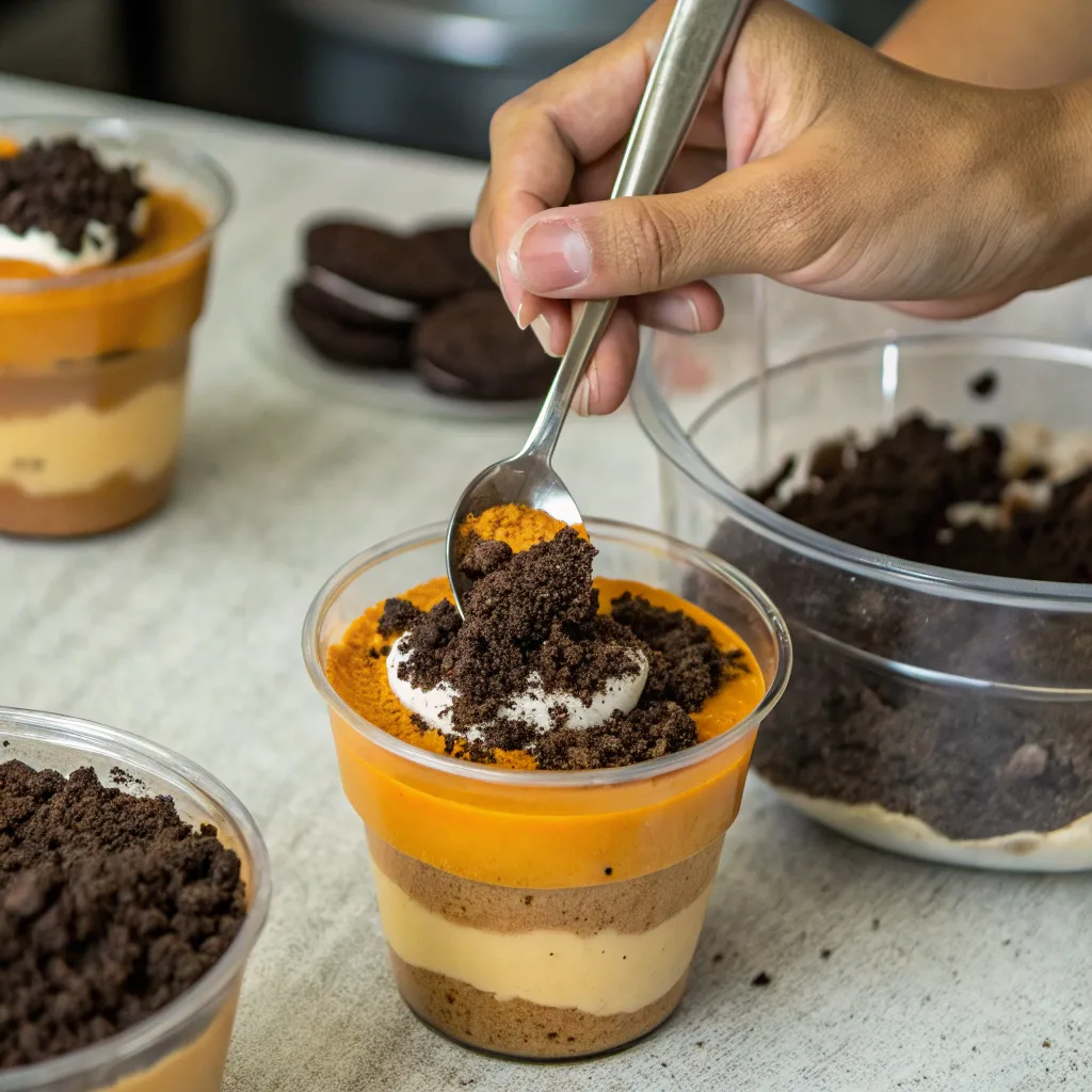 Pumpkin Patch Dirt Cups – The Best Fall Treat Kids and Adults Will Love 7 layering pumpkin patch dirt cups with pudding and Oreos