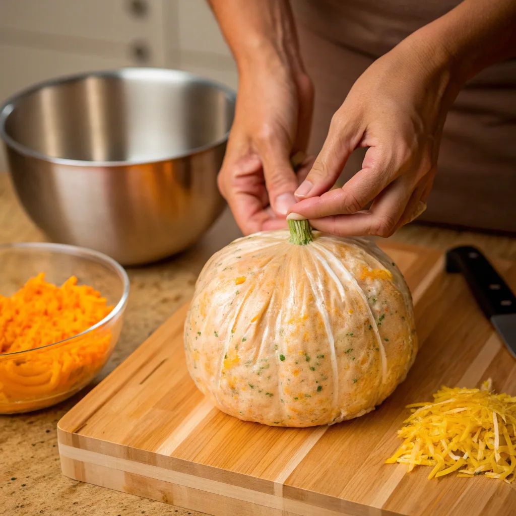Pumpkin-Shaped Cheese Ball – The Best Fall Appetizer for Parties 6 Hands shaping a pumpkin-shaped cheese ball with twine