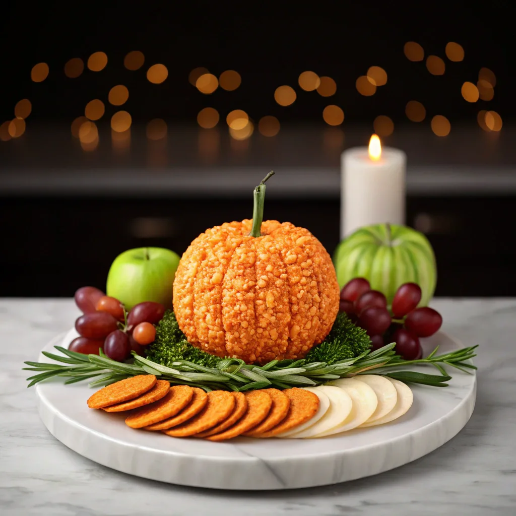 Pumpkin-Shaped Cheese Ball – The Best Fall Appetizer for Parties 7 Elegant pumpkin-shaped cheese ball with fall fruit and crackers