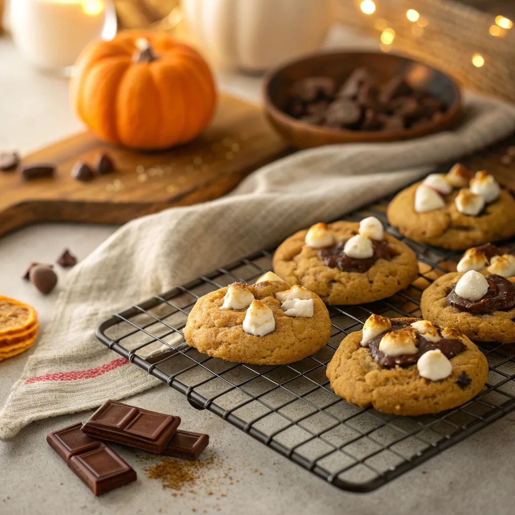 Pumpkin S'mores Cookies – The Perfect Cozy Fall Treat with a Gooey Twist 7 Pumpkin S’mores Cookies cooling with melted chocolate and toasted marshmallows