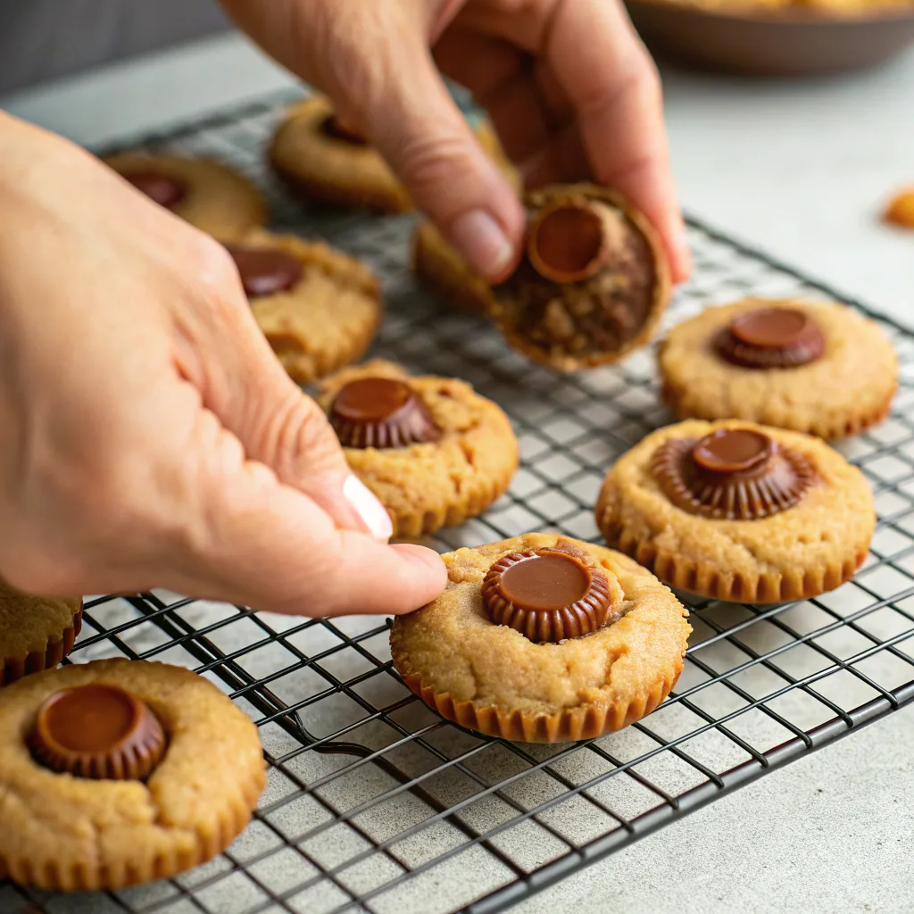 Spooky Peanut Butter Spider Cookies – The Ultimate Halloween Treat for Kids and Adults 6 adding mini Reese’s cups to spooky peanut butter spider cookies