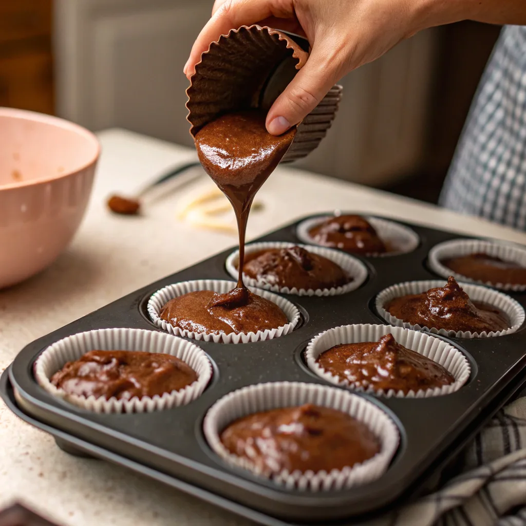 Witch Hat Cupcakes: The Best Spooky Treat for Your Halloween Party 7 Pouring chocolate cupcake batter into liners