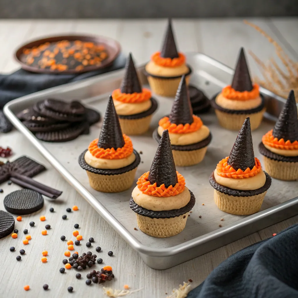 Witch Hat Cupcakes: The Best Spooky Treat for Your Halloween Party 8 Edible witch hat toppers made from cones and cookies