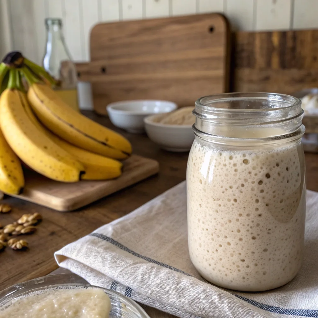 Sourdough Banana Bread: A Healthy Twist on a Classic Recipe 7 Ripe bananas with sourdough starter jar