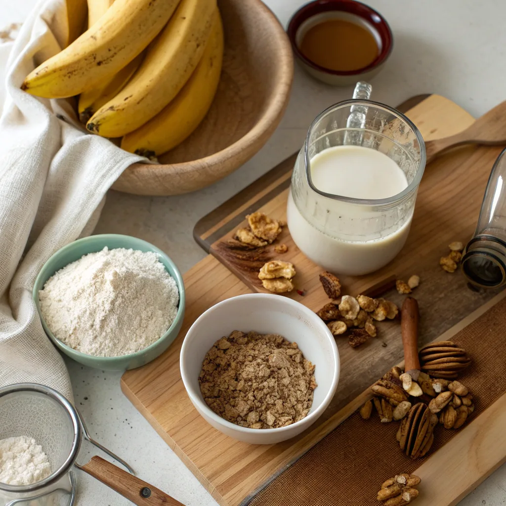 Vegan Banana Bread – The Ultimate Easy & Healthy Recipe Guide 7 Vegan banana bread ingredients flat lay